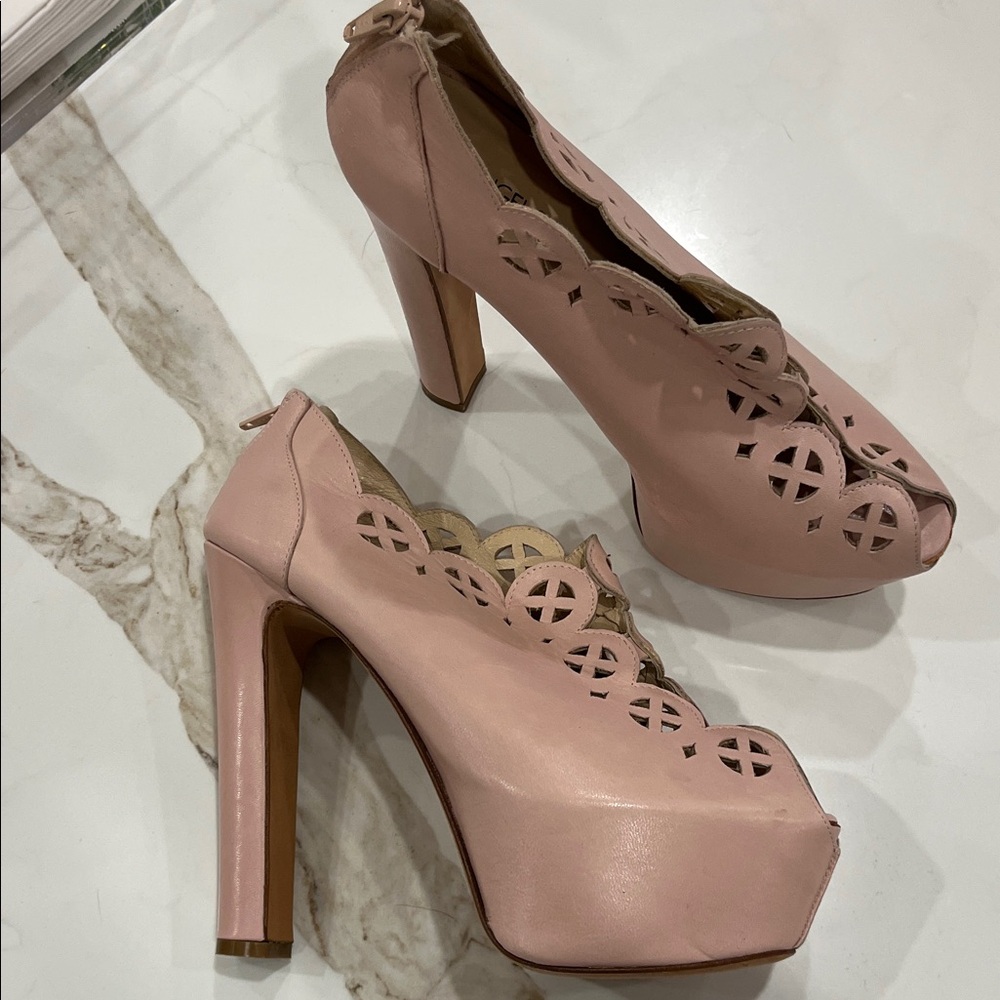 Fiorangelo Leather Blush Pink Peep-Toe Platform Heels with Scalloped Cutouts